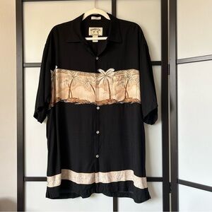 [L] Bamboo Cay Vintage Black Tan Palm Tree Print Short Sleeve Button Down Shirt